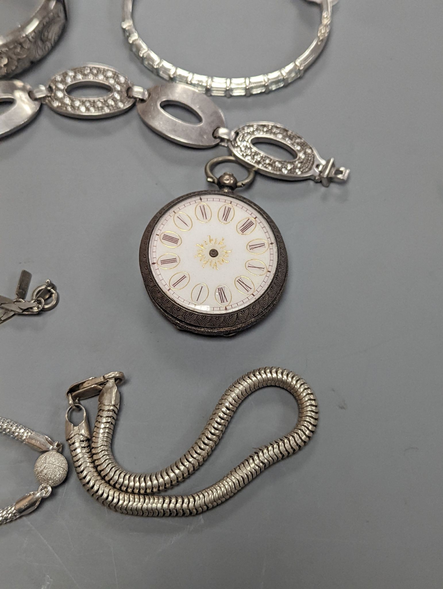 A quantity of assorted jewellery etc. including Danish sterling bangle and leaf brooch, a white meta and niello bracelet and a 925 and enamel flower brooch.